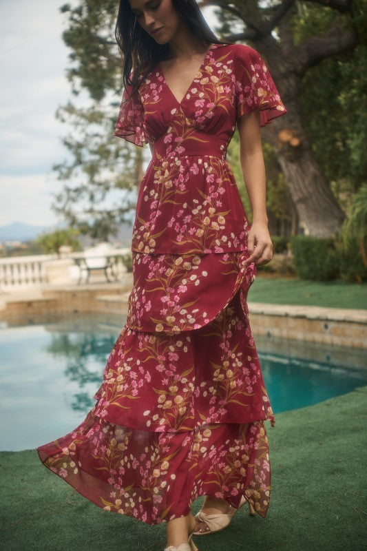 burgundy print dress Burgundy Floral Print Cowl Neck Midi Dress | Womens | X-Small (Available in M, L) | 100% Polyester | Lulus