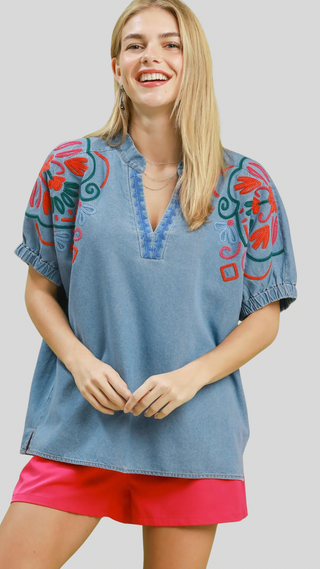 Lora Denim Embroidered Top