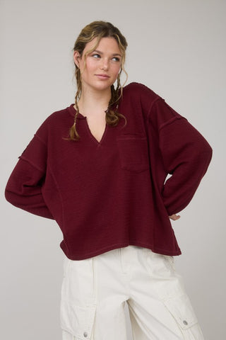 Lynn Burgundy Split Neck Top