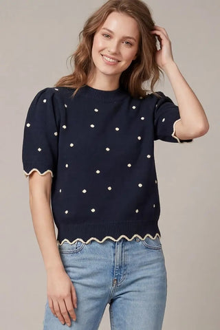 Colbie Navy Polkadot Scalloped Sweater