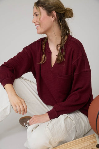 Lynn Burgundy Split Neck Top