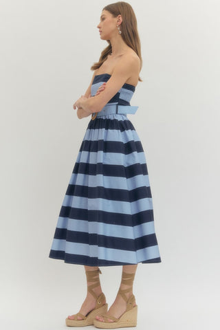 Adrien Blue Stripe Strapless Dress