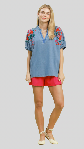 Lora Denim Embroidered Top