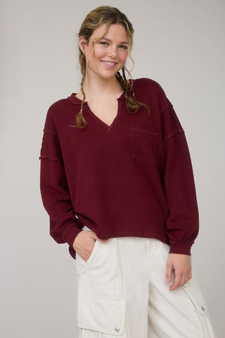 Lynn Burgundy Split Neck Top