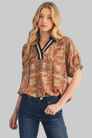 Penny Navy/Terracotta Print Top