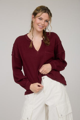 Lynn Burgundy Split Neck Top