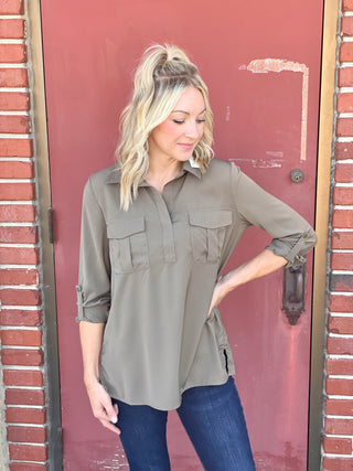 Delaney Olive Pocket Shirt