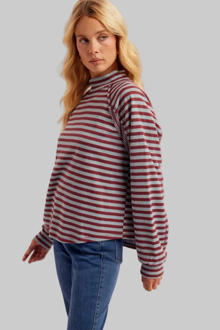 Tara Blue/Burgundy Stripe Mixed Mock Neck