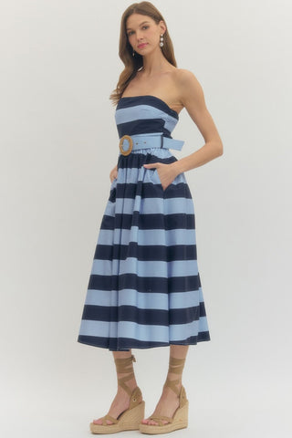 Adrien Blue Stripe Strapless Dress