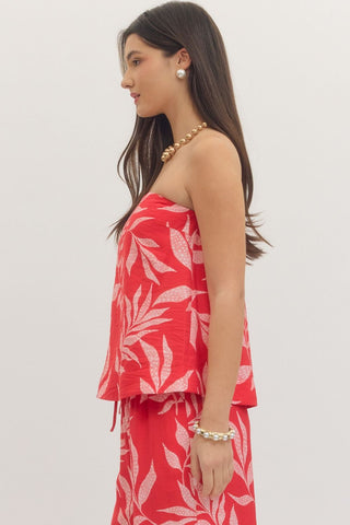 Harper Red Palm Print Strapless Top