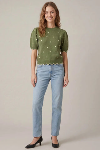Colbie Olive Polkadot Scalloped Sweater