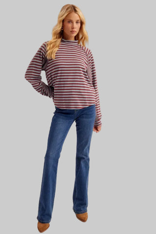 Tara Blue/Burgundy Stripe Mixed Mock Neck