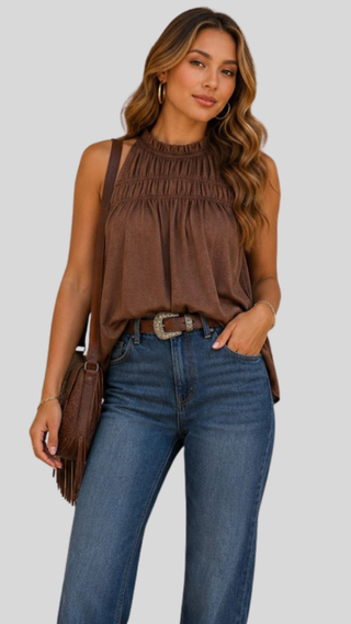 Carlin Brown Smocked Tank