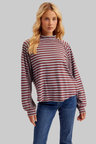 Tara Blue/Burgundy Stripe Mixed Mock Neck