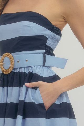 Adrien Blue Stripe Strapless Dress