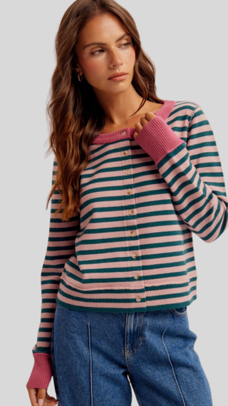 Della Teal/Rose Stripe Cardigan