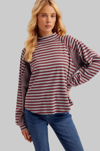 Tara Blue/Burgundy Stripe Mixed Mock Neck