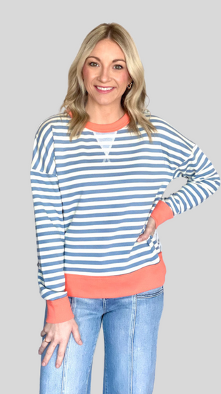 Maria Blue & Coral Stripe Sweatshirt