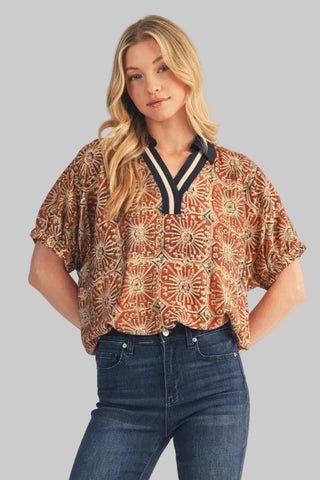 Penny Navy/Terracotta Print Top