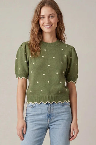 Colbie Olive Polkadot Scalloped Sweater