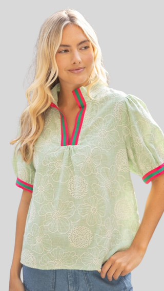 Ginny Mint Floral + Colorblock Top