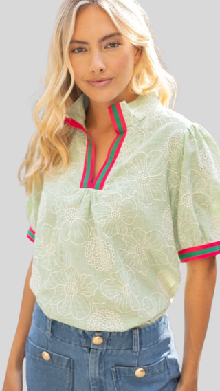 Ginny Mint Floral + Colorblock Top