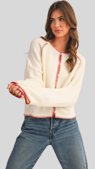Kat Cream/Red Stitch Cardigan