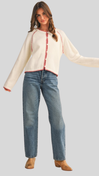 Kat Cream/Red Stitch Cardigan