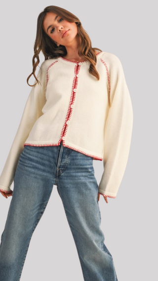 Kat Cream/Red Stitch Cardigan