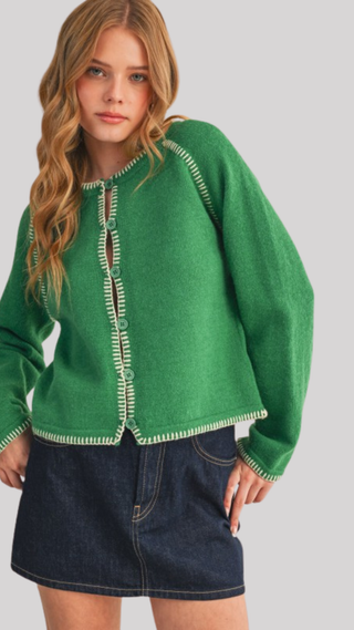 Kat Green/Off White Stitch Cardigan