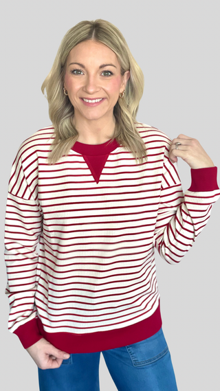 Elle Red & White Textured Pullover